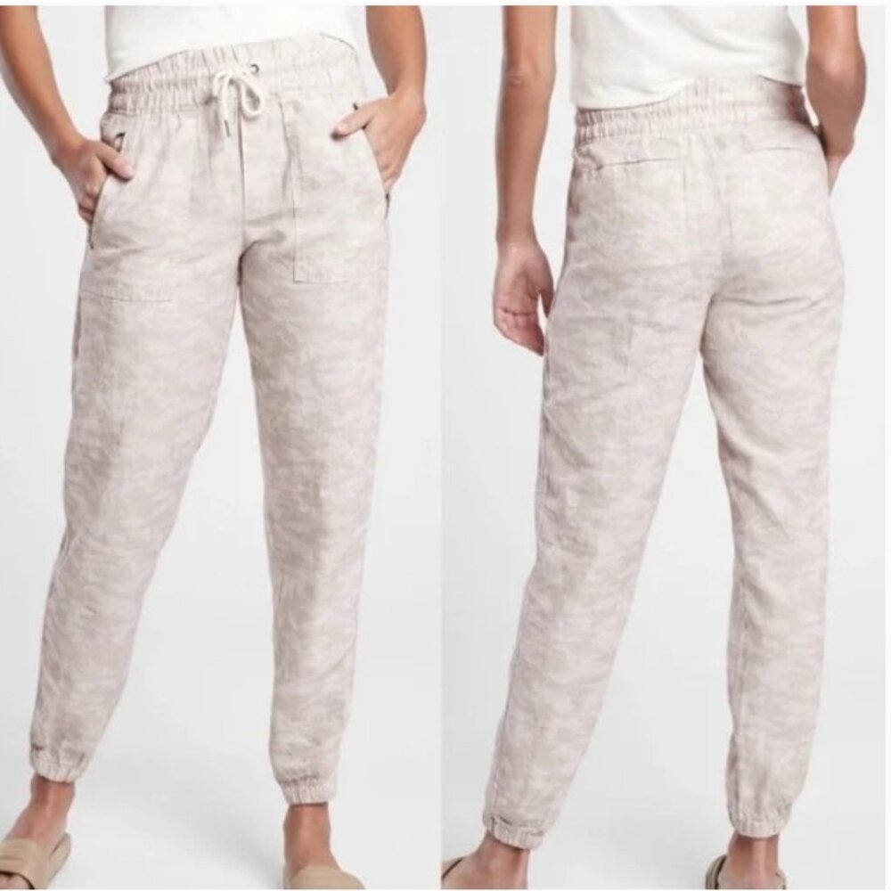 Athleta Women's 4 Cabo Linen Jogger Pants Cream Micro Animal Print‎